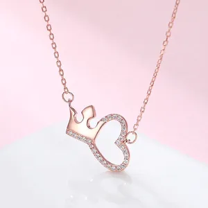 925 Sterling Silver Interlocked Hearts Crown Pendant Necklace Sweet Romantic Rhinestone Hollow Design Clavicle Chain For Women