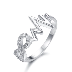 Close-up of 925 silver ring featuring infinity symbol and heartbeat line with cubic zirconia