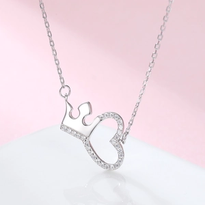 925 Sterling silver interlocking heart and crown necklace with sparkling zircon crystals