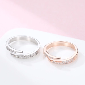 Silver and rose gold adjustable S925 sterling silver rings with pavé cubic zirconia
