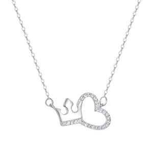 925 Sterling Silver necklace featuring a hollow heart and crown pendant with sparkling crystals
