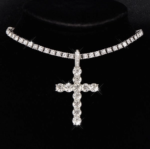 Silver iced out cross pendant necklace with tennis chain in hip hop jewelry style