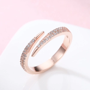 Elegant rose gold S925 sterling silver adjustable open ring with double row of diamonds