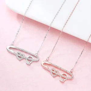 Collier Pendentif Épingle de Sûreté en Argent Sterling 925 Pour Femmes Cœur Strass Incrusté Or Blanc Or Rose Bijoux