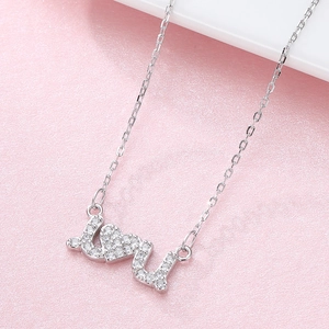 925 silver necklace with I Love You heart pendant and sparkling pavé crystal accents