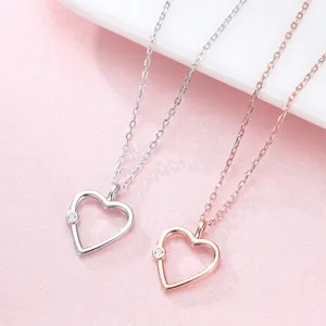 925 Sterling Silver Hollow Heart Pendant Necklace For Women Minimalist Elegant Clavicle Chain With Rhinestone Jewelry Gift