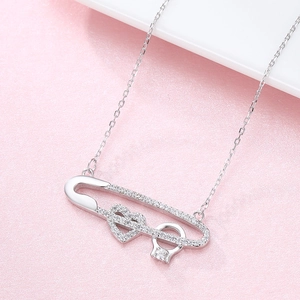 Collier épingle de sûreté en argent S925 avec pendentif cœur et oxydes de zirconium brillants