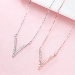 925 Sterling Silver V Shape Pendant Necklace For Women Elegant Rhinestone Inlaid Minimalist Jewelry Clavicle Chain Gift