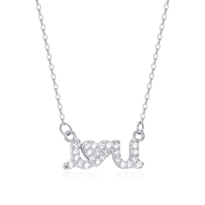 Macro shot of 925 sterling silver I Love U necklace with sparkling cubic zirconia inlay