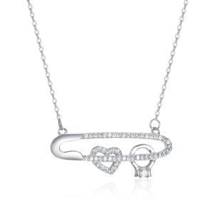 Collier en argent S925 avec pendentif épingle à nourrice, cœur et anneau brillant