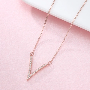 925 sterling silver V-shape pendant necklace in rose gold finish with pave zircon stones