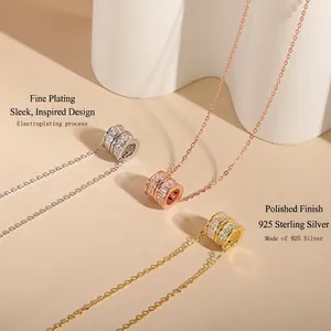 Three-color S925 sterling silver cylinder pendant necklaces with sparkling crystals