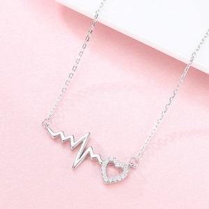 S925 sterling silver heartbeat necklace with crystal heart pendant and thin link chain