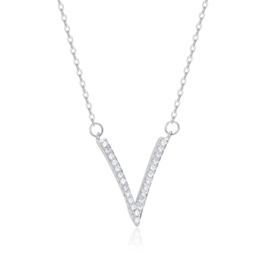 Minimalist 925 sterling silver V-shaped pendant necklace with cubic zirconia stones