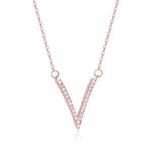 Rose gold V-shaped necklace with micro-p鑲 cubic zirconia stones on white background