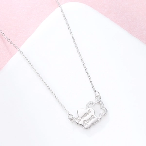 Collier en argent S925 avec pendentif fleur, gravure Sweet Love et oxydes de zirconium