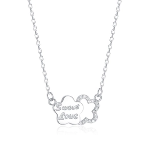 Collier en argent S925 avec pendentif fleurs gravé Sweet Love et zircons brillants