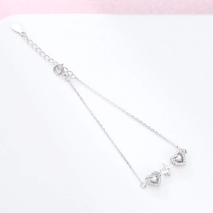 S925 sterling silver double heart bracelet with heartbeat line and zircon stones