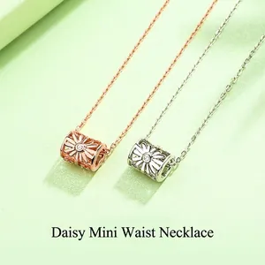 S925 Sterling Silver Daisy Pendant Necklace Women Minimalist Cylinder Hollow Rhinestone Clavicle Chain Jewelry Gift