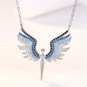 S925 sterling silver angel wing necklace with blue and white zircon micro-pave pendant