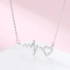 925 Sterling Silver Heartbeat ECG Heart Pendant Necklace Women Rhinestone Pulse Chain Minimalist Jewelry Valentine Gift