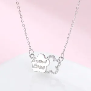 Collier Pendentif Double Fleur en Argent Sterling 925 pour Femme Sweet Love Gravé Micro Incrusté Strass Chaîne Clavicule Bijoux Cadeau
