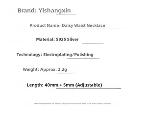 Detailed specifications table for s925 silver daisy necklace with weight and size data