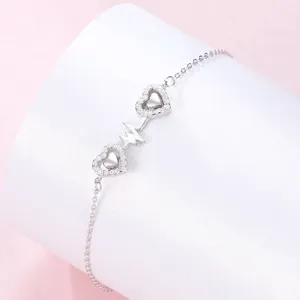 S925 Sterling Silver Double Heart Heartbeat EKG Bracelet For Women Adjustable Rhinestone Inlaid Fashion Jewelry Gift