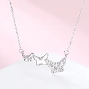925 Sterling Silver Butterfly Pendant Necklace Minimalist Zirconia Inlaid Clavicle Chain Jewelry For Women Gift