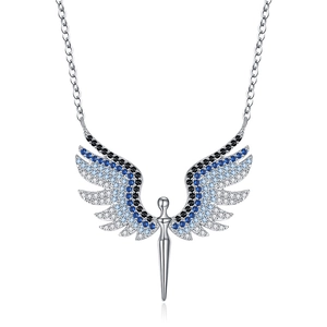 Elegant S925 sterling silver necklace with blue gradient zircon angel wing pendant