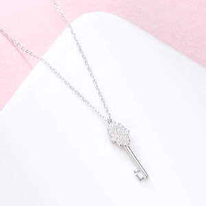925 sterling silver Hamsa hand key pendant necklace with sparkling white cubic zirconia