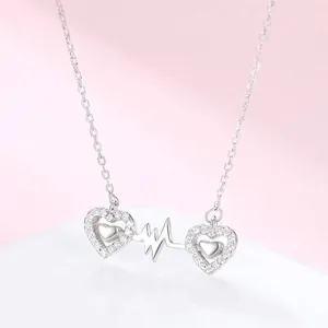Collier Pendentif Cœur Battement de Cœur en Argent Sterling 925 pour Femmes Mode Romantique Argentée Sertie de Strass Bijoux