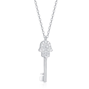 925 Sterling Silver Hamsa Key Necklace with Pave Zirconia Pendant on white background