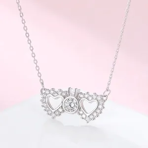 Elegant 925 Sterling Silver Double Heart Pendant Necklace For Women Platinum Plated Rhinestone Clavicle Chain Jewelry Gift