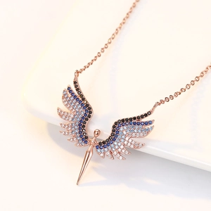 S925 silver angel wing necklace in rose gold with blue and white gradient zircon stones