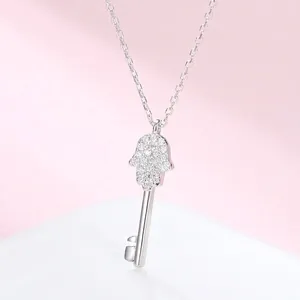 925 Sterling Silver Hamsa Hand Key Pendant Necklace For Women Minimalist Rhinestone Inlaid Clavicle Chain Jewelry Gift