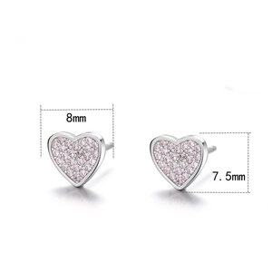 S925 sterling silver heart stud earrings with pink zircon stones, 8mm x 7.5mm size