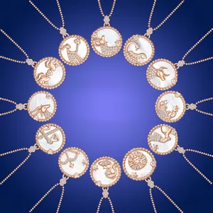 Detailed overview of twelve zodiac necklaces with rose gold finish and pearl shell inlay