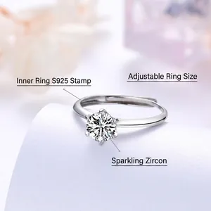 Classic S925 sterling silver six-prong moissanite ring with adjustable twisted band