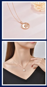 Detail of rose gold Libra constellation necklace with pearl shell inlay and sparkling gems