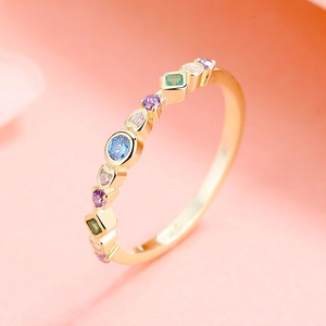 S925 Sterling Silver Colorful Rhinestone Row Ring Simple Geometric Gold Plated Thin Band Jewelry Finger Ring For Women Gift