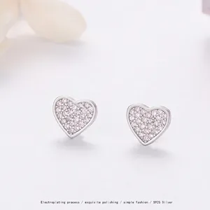 Elegant S925 sterling silver heart stud earrings with sparkling pink zircon pavé setting