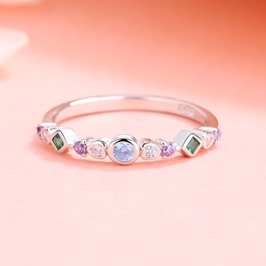 S925 sterling silver ring featuring colorful gemstones in a minimalist setting