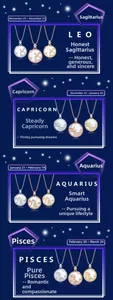 Detailed display of zodiac medallions in gold, silver and rose gold with shell inlays