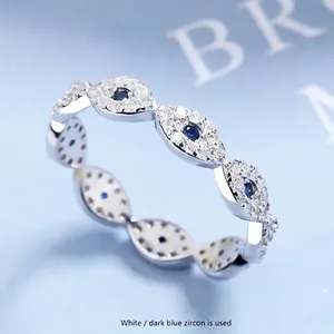 Retro S925 sterling silver evil eye ring with blue and white zircons in marquise setting
