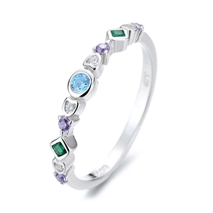 S925 sterling silver ring with multi-colored gemstones in a minimalist band design