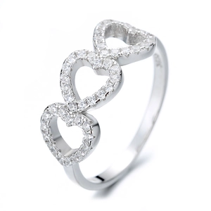 S925 sterling silver triple heart ring with cubic zirconia stones on white background
