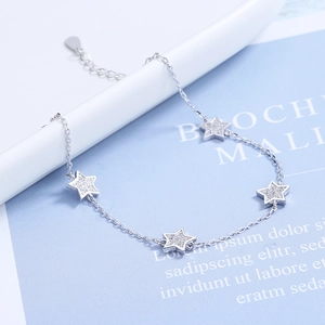 S925 sterling silver star bracelet with zirconia charms and adjustable link chain