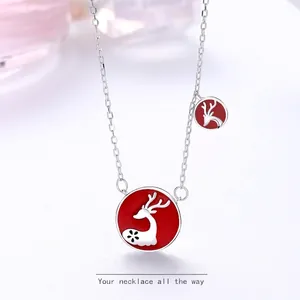 925 Sterling Silver Reindeer Necklace Red Enamel Double Pendant Adjustable Chain Christmas Birthday Jewelry Gift