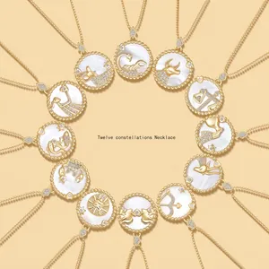 Zodiac Medallion Necklace 925 Sterling Silver Mother Of Artificial Pearl Zirconia Constellations Round Disc Bead Chain For Women